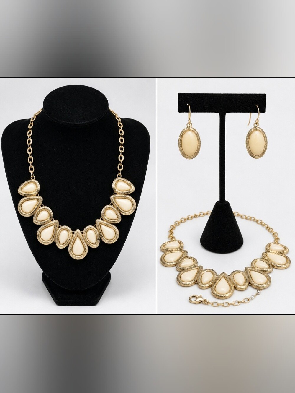 Vintage Ivory Teardrop Statement Necklace & Earrings Set Gold Tone 16" Bib